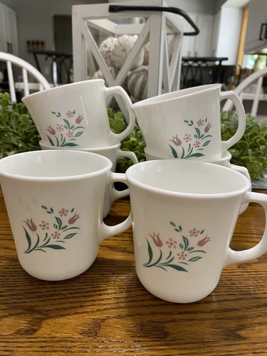 VTG Corningware Rosemarie Pink Tulip D Handle Coffee Mug Set of 6 Cup Floral USA