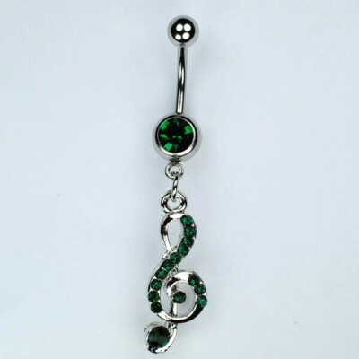 G CLEF Dangle Belly Button Ring GREEN Treble Clef Music Note Navel Jewelry (B26)