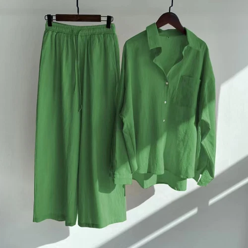Women Lady Summer Solid Color Cotton Linen Suit Lapel Long Sleeve Top Leg Pants - Bild 41 von 42