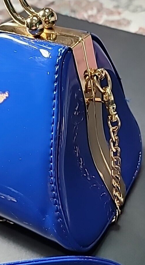 La Terre Blue Vegan Purse w Detachable Gold Chain Strap, Gem Clasp