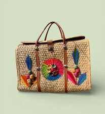 Vtg 70s Mexico Hand Woven Straw Basket Beach Bag Travel Tote Boho Resort Raffia