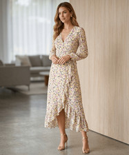 Laurella Multicolor Floral Long Sleeve Ruffle True Wrap Maxi Dress Size XS