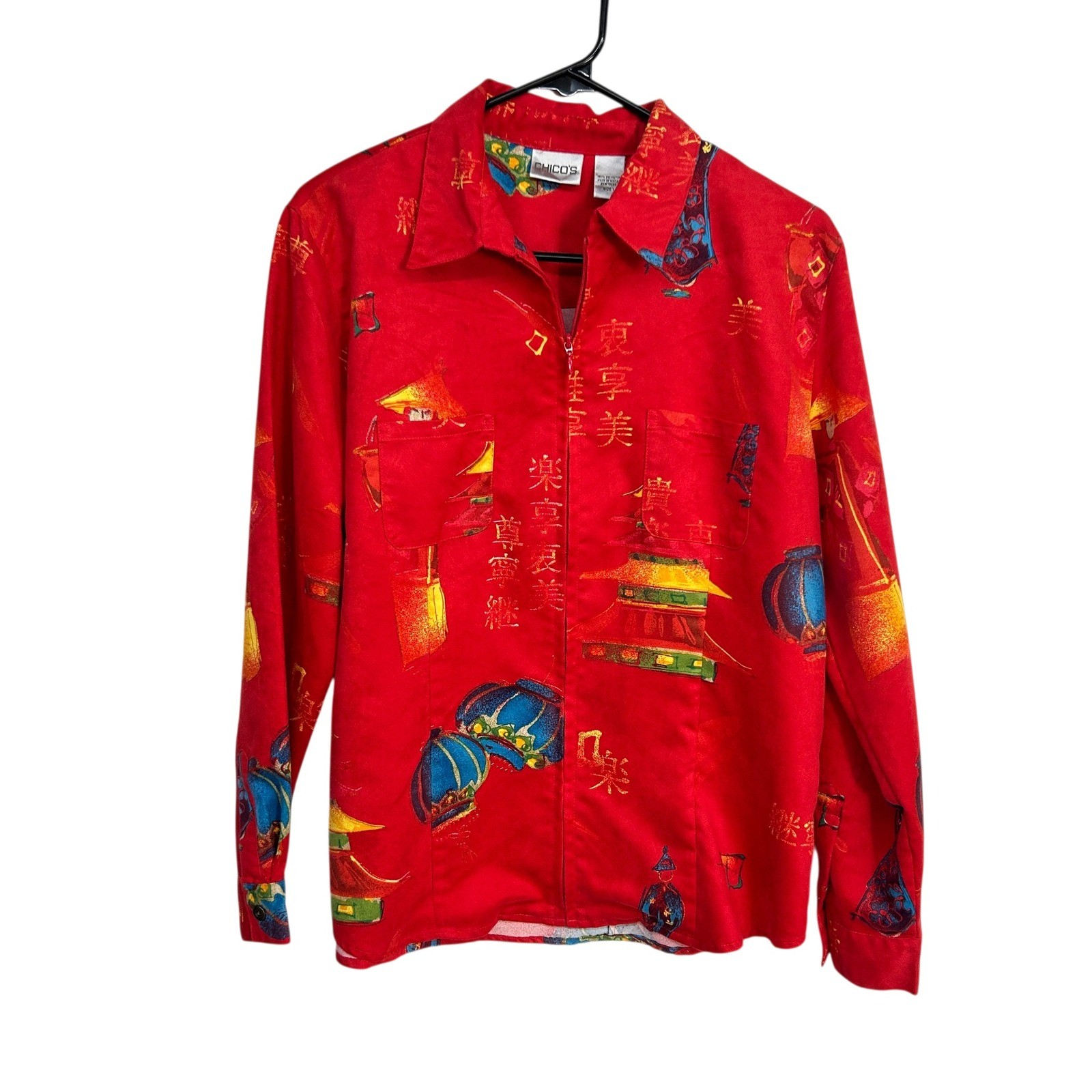 Chico'S Asian Print Zip Front Jacket 1 Red Chinoiserie Harajuku Eclectic