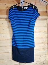 Michael Kors Blue Black Striped Dress Women's Size M Zip Detail Stretch Midi