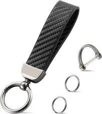 Leather Keychain, Carbon Fiber Car Key Chain with Anti-Lost D-Ring and 2 Key Rin