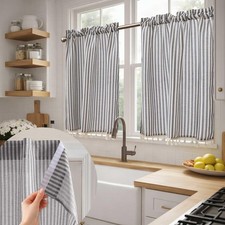 No Drill Linen Kitchen Curtains Farmhouse Modern Cafe Style Striped with Tass...