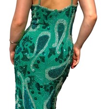 Teal Blue Silk Beaded & Sequinned Gown Paisley Pattern By Mark & John Gopel