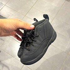 Jordan 12 Black Unisex Kids US 10 Mid Top Leather Basketball Sneakers