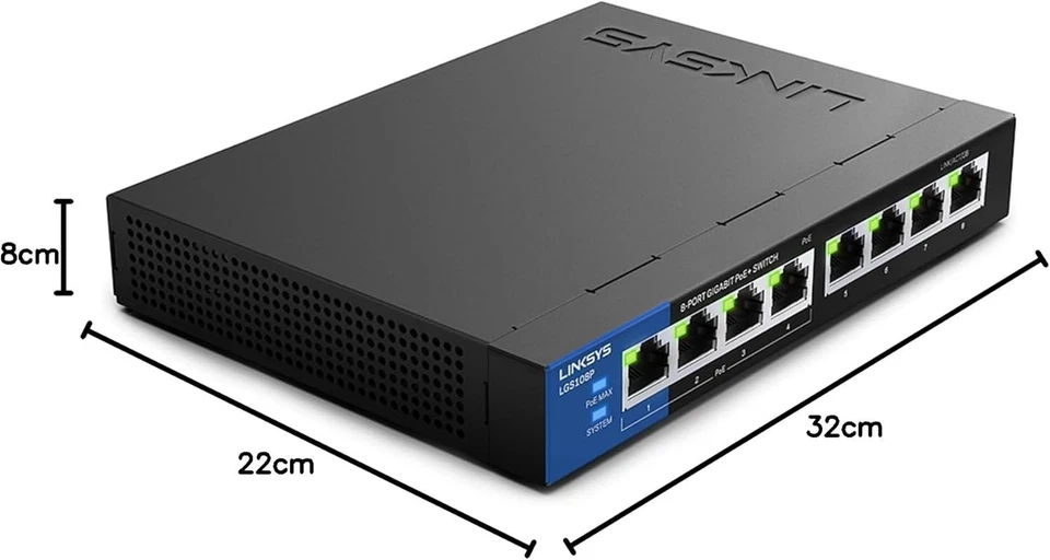 Conmutador no administrado PoE de 8 puertos Linksys LGS108P Gigabit 50 vatios enchufe Reino Unido - Imagen 3 de 4