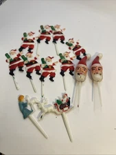 Large Lot Of Vintage Christmas Plastic Santa Snowman Head Cupcake Topper Picks
