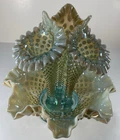 Fenton Glass Hobnail 3 Horn Epergne Opalescent Art Glass Centerpiece Vintage