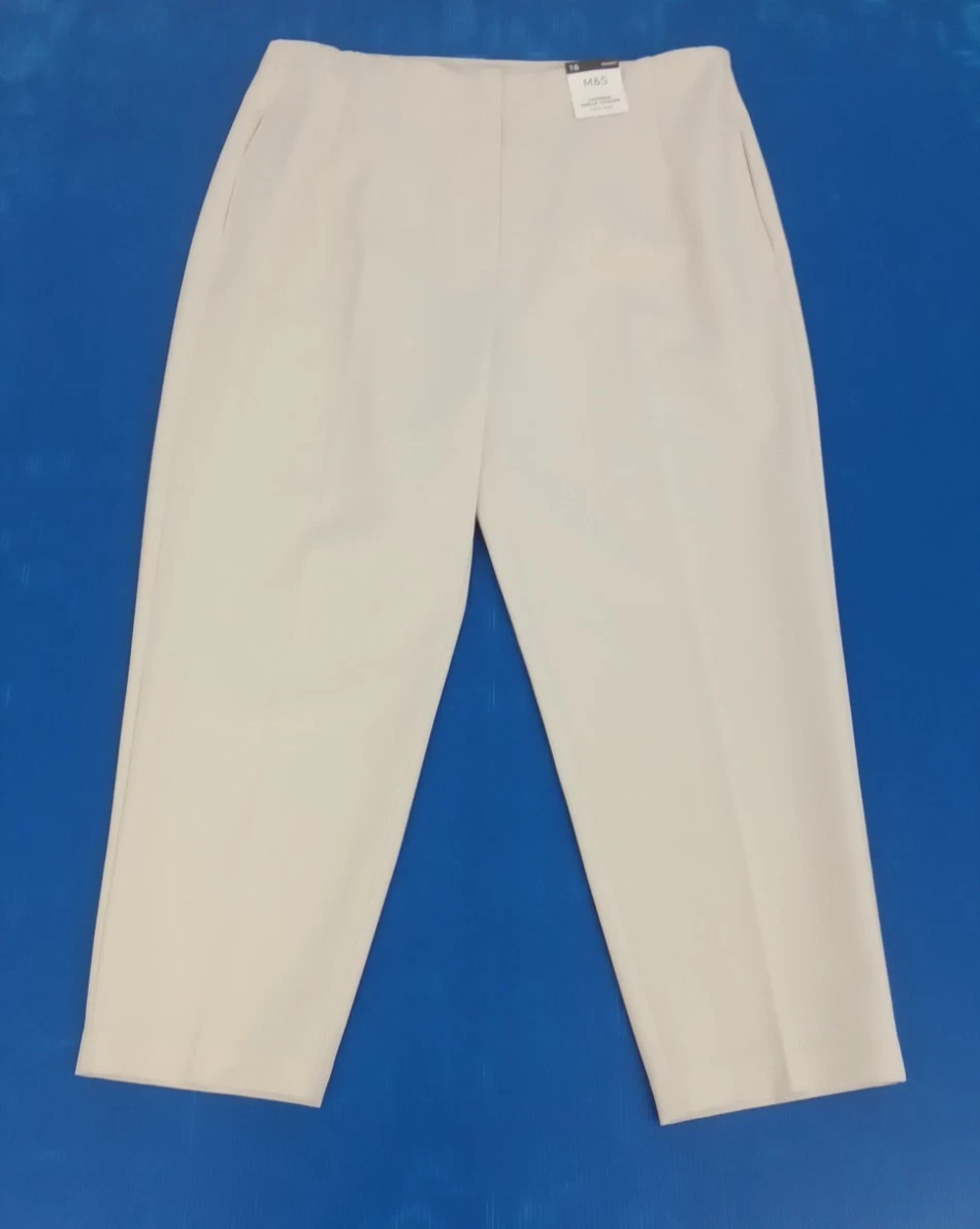 M&S Women's Trousers Ecru Tapered Ankle Grazer High Rise Slit Pocket Stretch New
