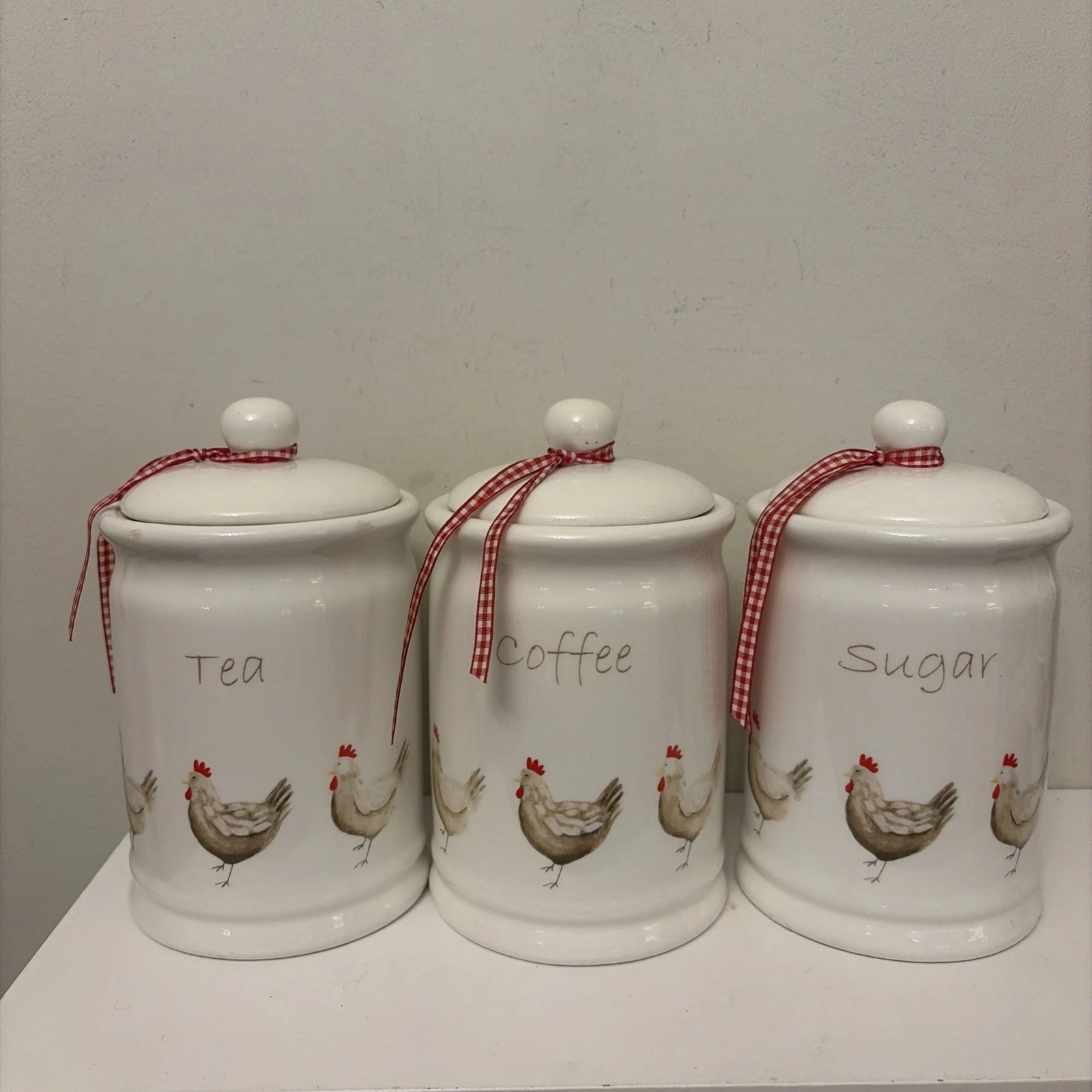 Dunelm Henrietta Chicken White Ceramic Tea Sugar Coffee Set Of 3 Canisters ￼