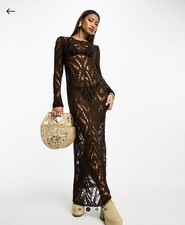 Na-kd brown crochet knit long sleeve low back sheer maxi dress brown L
