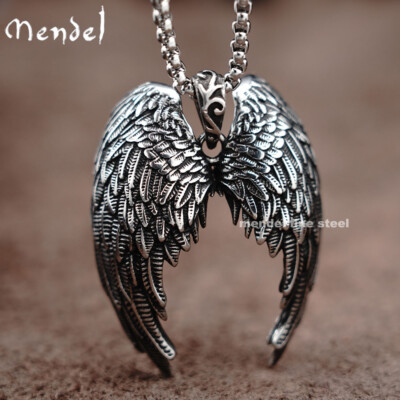 MENDEL Mens Stainless Steel Biker Archangel Angel Wing Pendant Necklace For Men