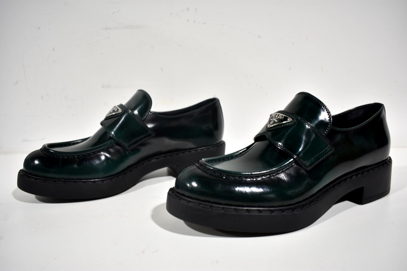 Prada Spazzolato Fume Logo Bosco Green Platform Loafer Creeper Slip On Flat 40.5 image 10