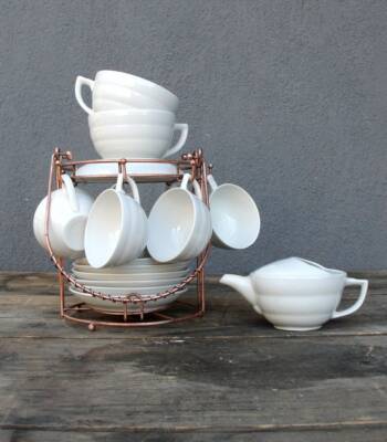 Art Deco Coffee and Tea cups, Copper Rack Caddy, made in Spain