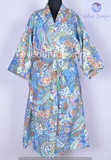 Indian Blue Paisley Print Cotton Kimono Women's Bath Robe Maxi Long Gown Dress