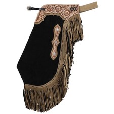 Desert Noir Black Suede Leather Chinks Chaps Floral Tooling Fringe Rodeo NEW