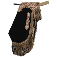Desert Noir Black Suede Leather Chinks Chaps Floral Tooling Fringe Rodeo NEW