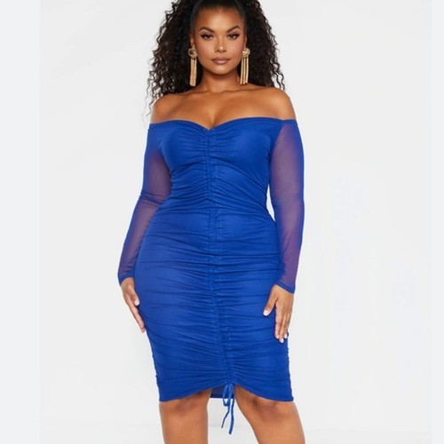 ruched off shoulder midi dress