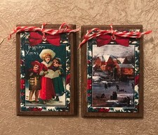 NEW 5 Handcrafted Wooden Christmas Ornaments/Hang Tags VINTAGE SCENES