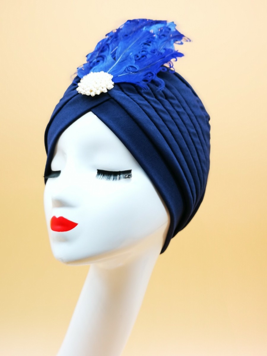 Blue & Ivory Feather Turban Vintage 1920s Cloche Hat 1930s  display picture 3