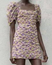 NWT - Zara Floral Mini Dress Ruched Stretchy Draped Puff Sleeves - XS