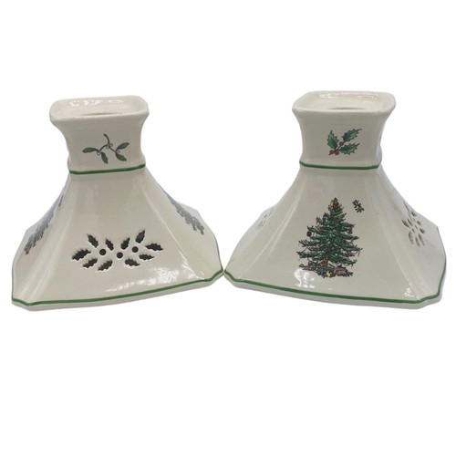 2 Spode Christmas Tree Pierced Candlestick Holders Wide Square Base