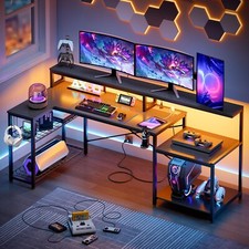 Gaming Computer Desk L-Shaped Corner Table with Power Outlets  LED Light,Black