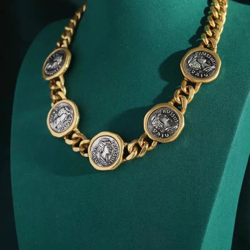 "Collar medallón moneda oro - Gargantilla cadena gruesa de 16,5"" joyería estilo romano" Foto 3 de 4