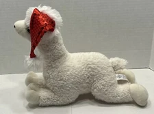 The Petting Zoo Plush White Llama With Red Sequin Santa Hat 12” Long Laying Down