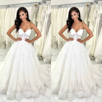 Gorgeous Wedding Dresses V Neck Lace Appliques A Line Sweep Train Bridal Gowns