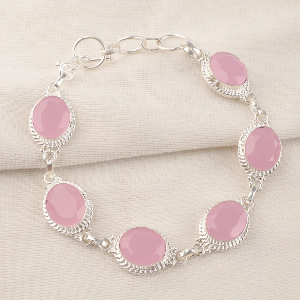 Brazalete Joyería Hecho a Mano Plata de Ley 925 Piedras Preciosas Calcedonia Rosa 8" Foto 3 de 4