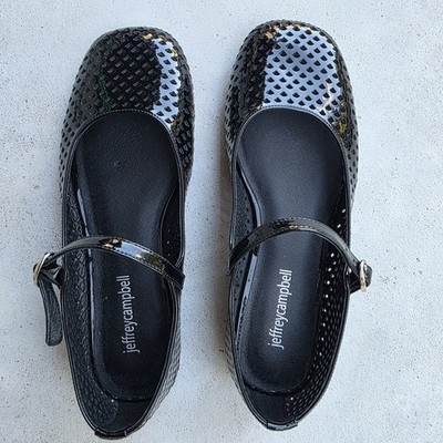 Jeffrey Campbell Shoes Womens Size 7 Black Patent Mary Jane Flats Cut Out Strap