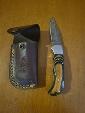 JW Steel Crafts Damascus Pocket Knife Polished Wood Handle