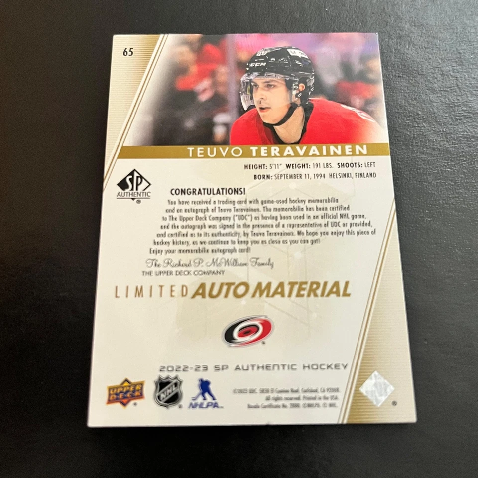2022-23 SP Authentic Limited Auto Patch #65 Teuvo Teravainen /100 Hurricanes - Image 2 of 2