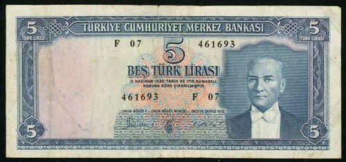 L. 1930 Turkey Central bank Currency Five Liras Banknote Kamal Ataturk Pick# 173 - Picture 2 of 3