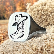 Cowboy Boot Engraved Signet Ring 925 Sterling Silver Ring US Duty Free