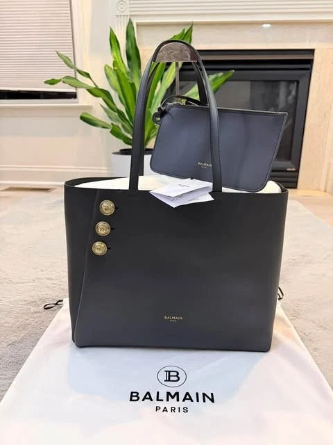 Balmain — BALMAIN Emblème Tote Bag Black Grained Calfskin Leather Gold Crest Buttons AUTH