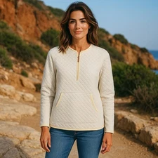 NWOT Guideboat Co. Sweater Womens Sz Medium Ivory Half Zip Quilted Pullover USA