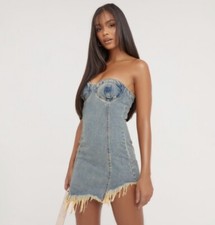 Ego Bandeau Underbust Raw Hem Detail Asymmetric Dress In Washed Blue Denim UK 6