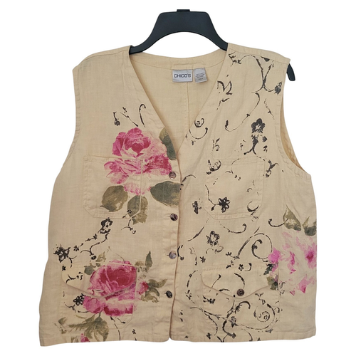Chicos Womens Vintage 90’s Hand Painted Floral Design 100% Linen Vest Size 3