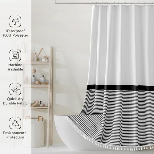 Farmhouse Fabric Shower Curtain, 84 Inch Extra Long 72"W x 84"H Black and White - Picture 7 of 7
