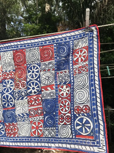 Vtg Vera Red Whte Blue Abstract Wheels Silk feel Poly Scarf 15" x 44" semi-sheer - Picture 4 of 12