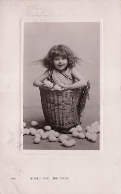 RPPC Easter Egg Basket Girl Angel Wings Costume Funny Cute Photo Postcard F42