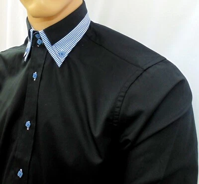 Chemise Habillée Oxford Design Italien Noir Col Double Bleu Marine - Photo 1/4