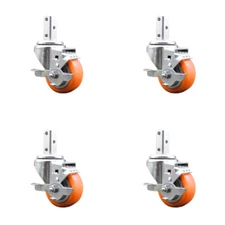 3.5 Inch Orange Poly Wheel Swivel 3/4 Inch Square Stem Caster Set with Brake SCC