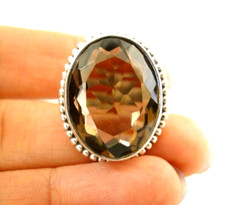 Smoky Quartz Brown Bead Edged Oval Solitaire 925 Sterling Silver Ring Size 5
