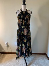 NWT ASOS Women Size 10 Black Floral Halter Neck Sleeveless Fit & Flare Dress